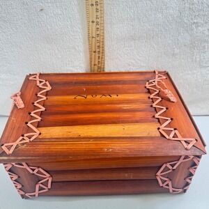 VTG Numi Organic Tea Bamboo‎ Storage Box Woven Wood Tea Chest Brown Pink Lacing